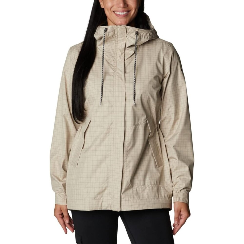 Columbia Women’s Beige Hooded Rain Jacket L – Lightweight Waterproof Windbreaker